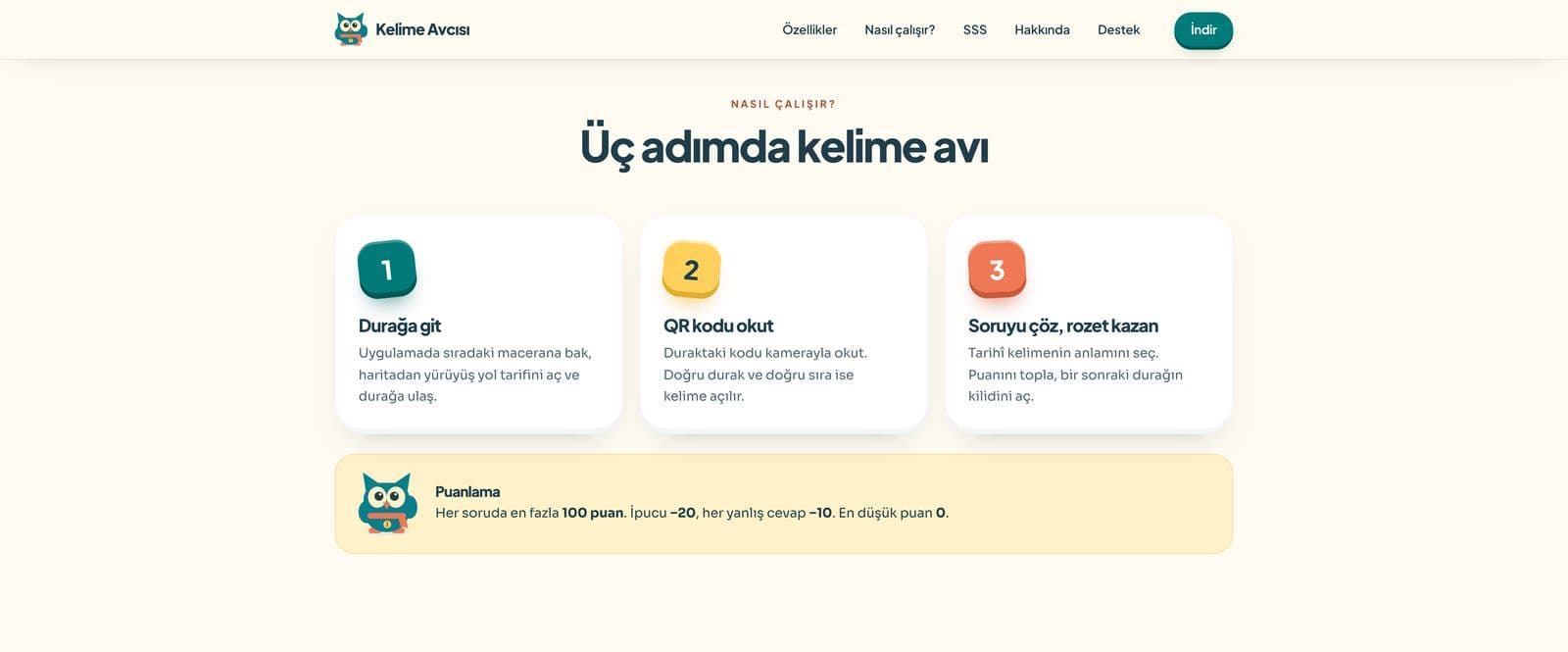 Kelime Avcısı tanıtım web sitesi sayfa görüntüsü 3